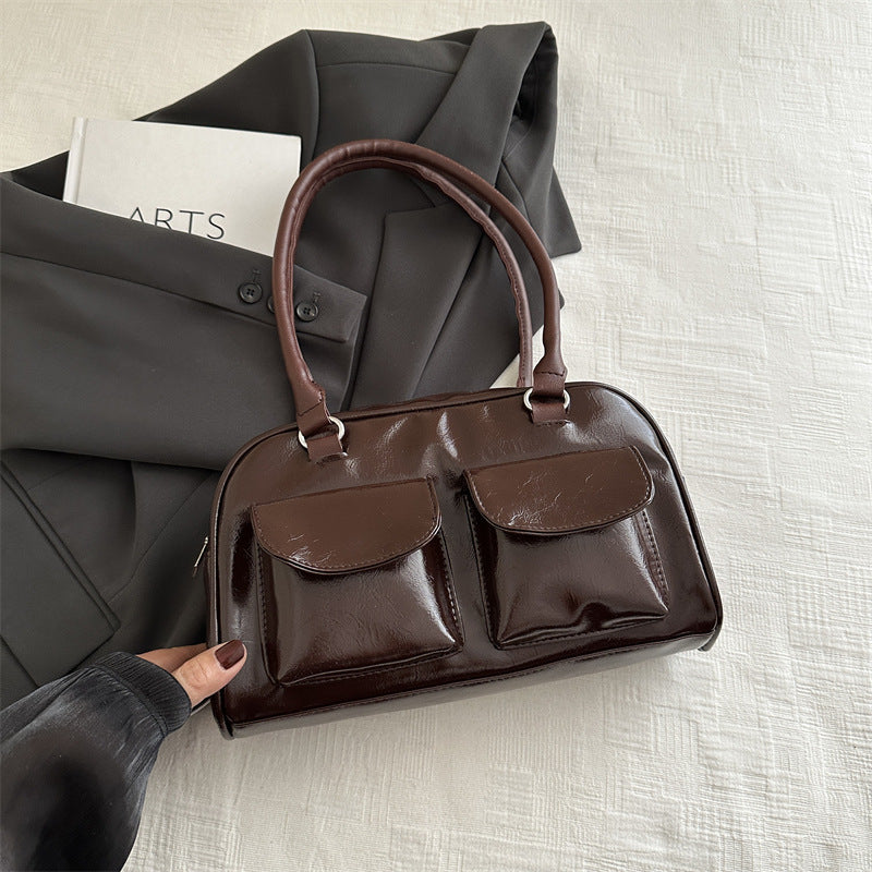 Sac à bandoulière décontracté rétro à double poche pour femme, couleur unie