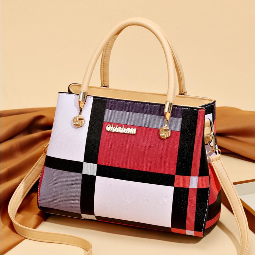 Women Elegant Color Blocking Large Capacity PU Handle Bag