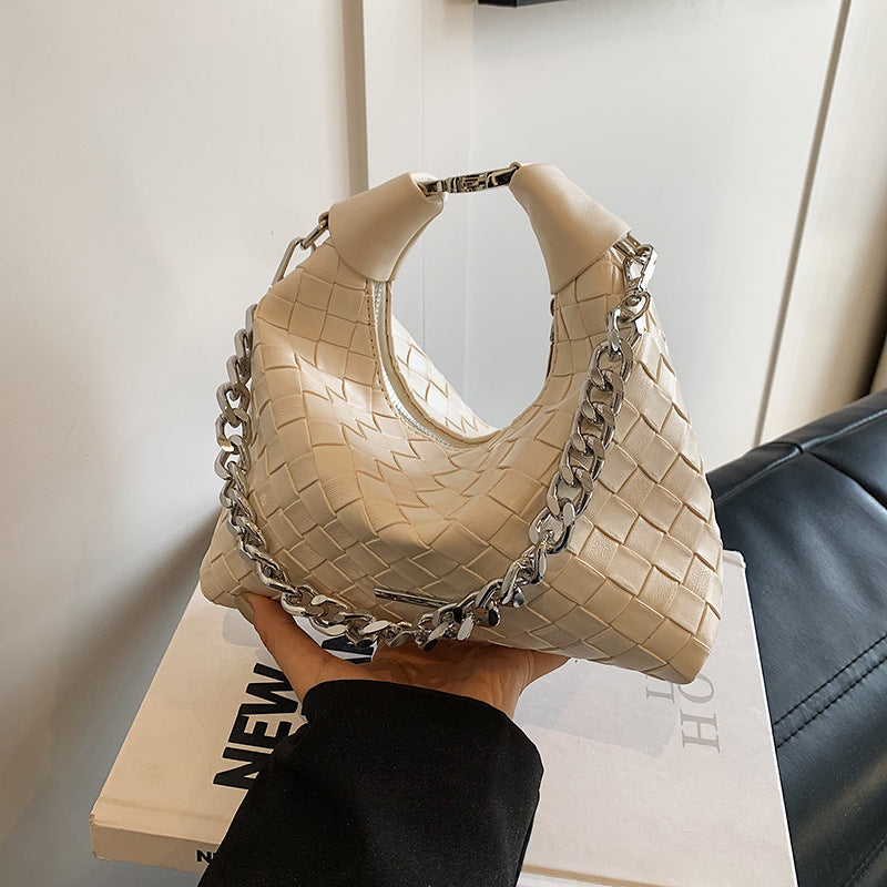 Women Fashion Simple Solid Color Woven Chain Shoulder Bag