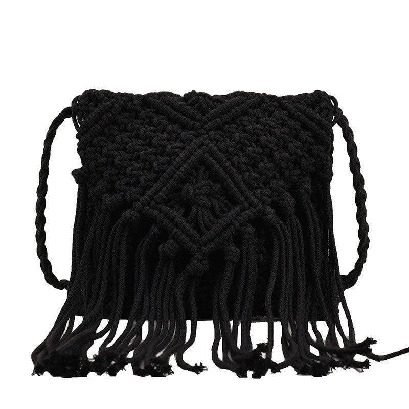 Women Casual Boho Solid Color Tassel Woven Vacation Shoulder Bag