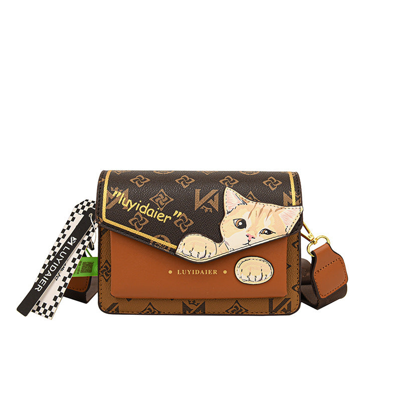 Women Fashion Cartoon Cat Print Flap Square Crossbody Bag