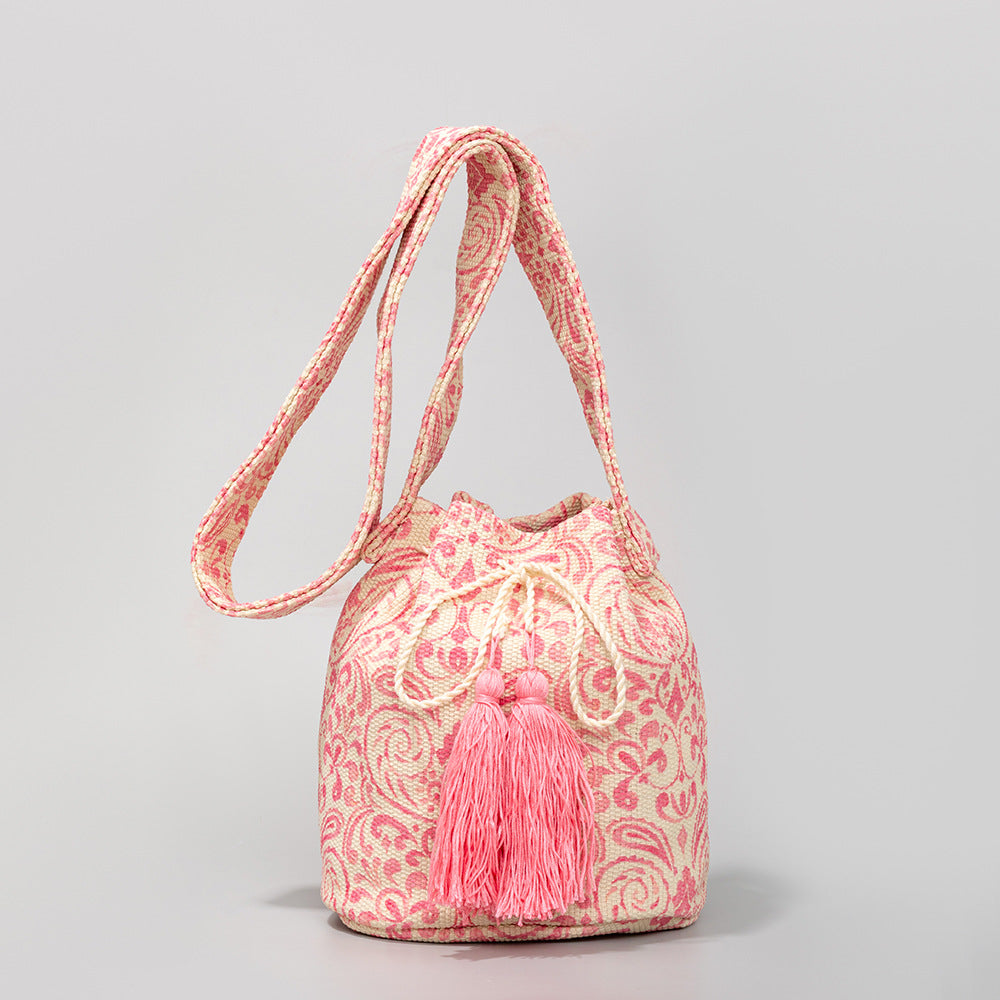 Women Bohemian Ethnic Style Jacquard Knitted Tassel Pendant Bucket Shoulder Bag