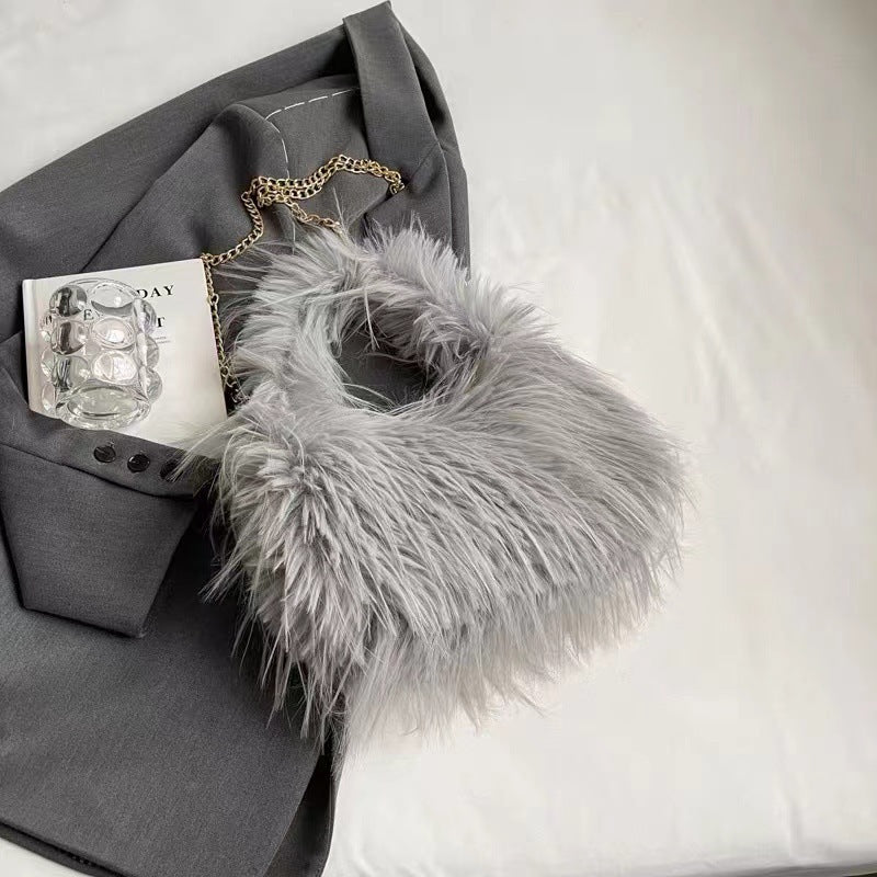 Sac à bandoulière en peluche avec pompon et poignée en chaîne pour femme, mode automne-hiver