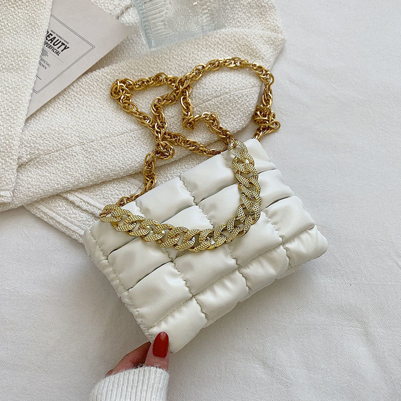 Sac à bandoulière en PU à carreaux de couleur unie pour femme, design créatif avec chaîne épaisse