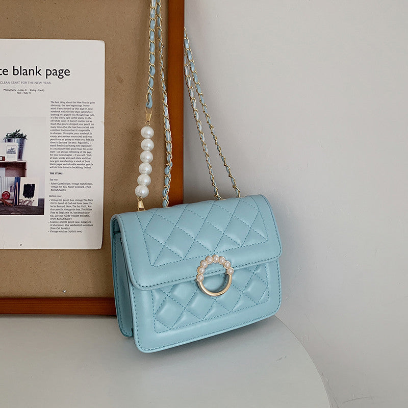 Sac à bandoulière matelassé à carreaux pour femme, élégant, avec chaîne et perles, couleur unie