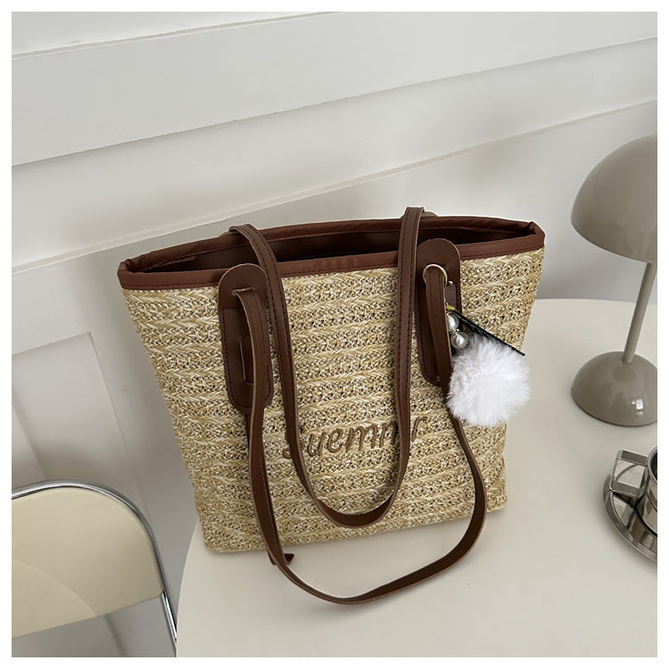 Summer Women Fashion Letter Woven Plush Pendant Large Capacity Tote Bag
