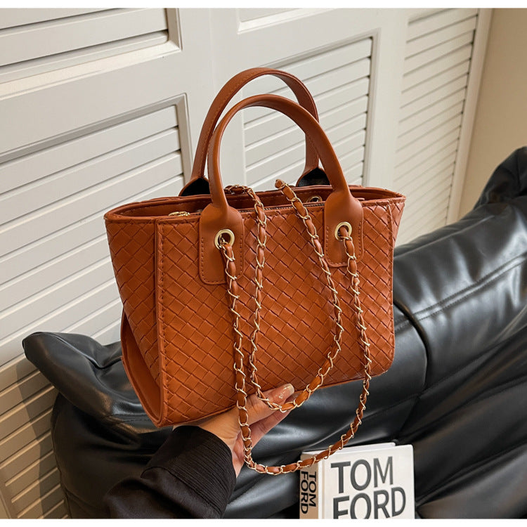 Women Fashion Large Capacity Woven Square Chain Handle Shoulder Bag