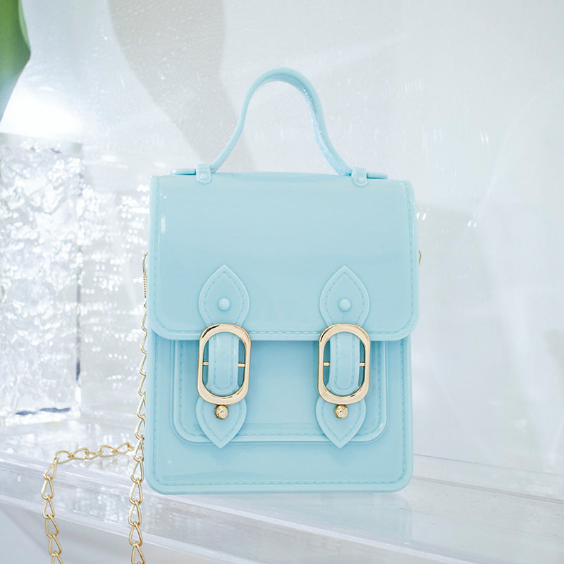 Women Fashion Solid Color PVC Silicone Square Mini Chain Crossbody Bag