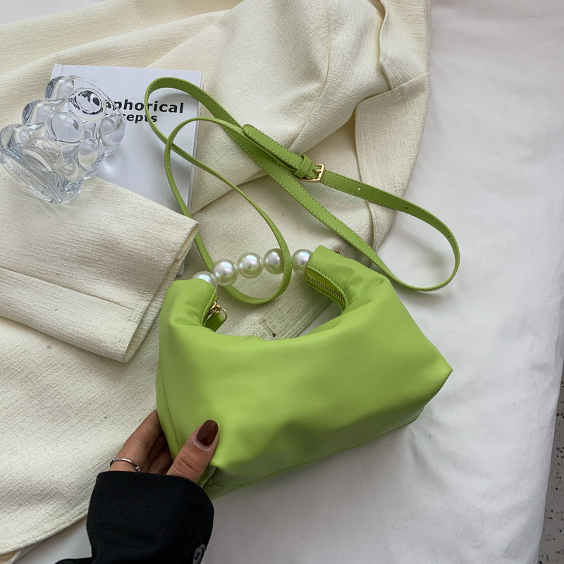 Women Chic Beaded Zipper Design Solid Color PU Handle Bag