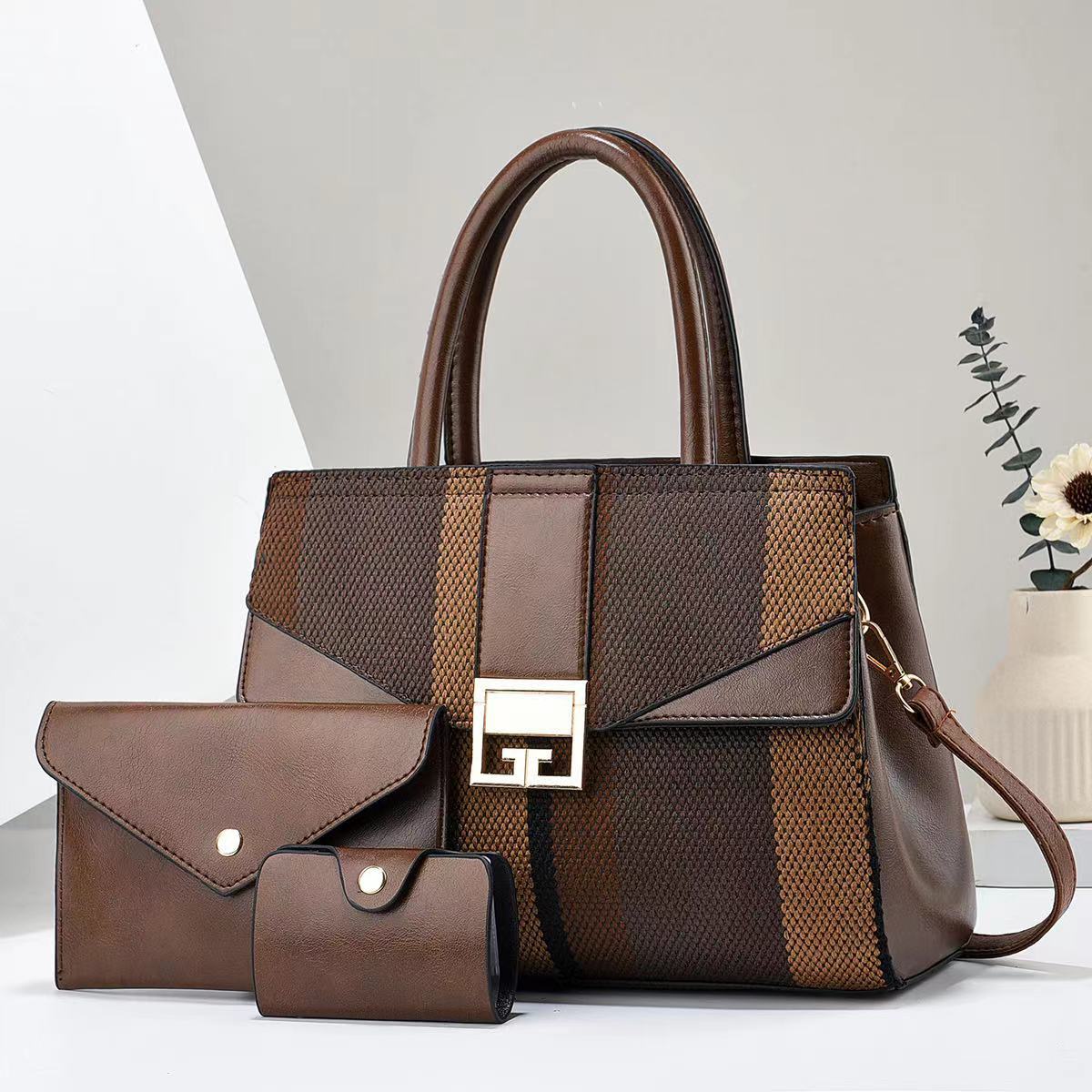 Women Fashion Casual Color Block Stripe Handbag Three-Piece Set