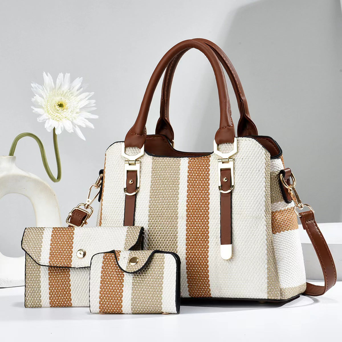 Fashion Stripe Canvas Contrast Large-Capacity Handbag Three-Piece Set
