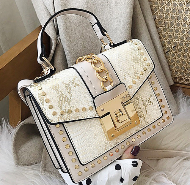 Women Fashion Casual Stud Trim Flap Lock Square Shoulder Crossbody Bag
