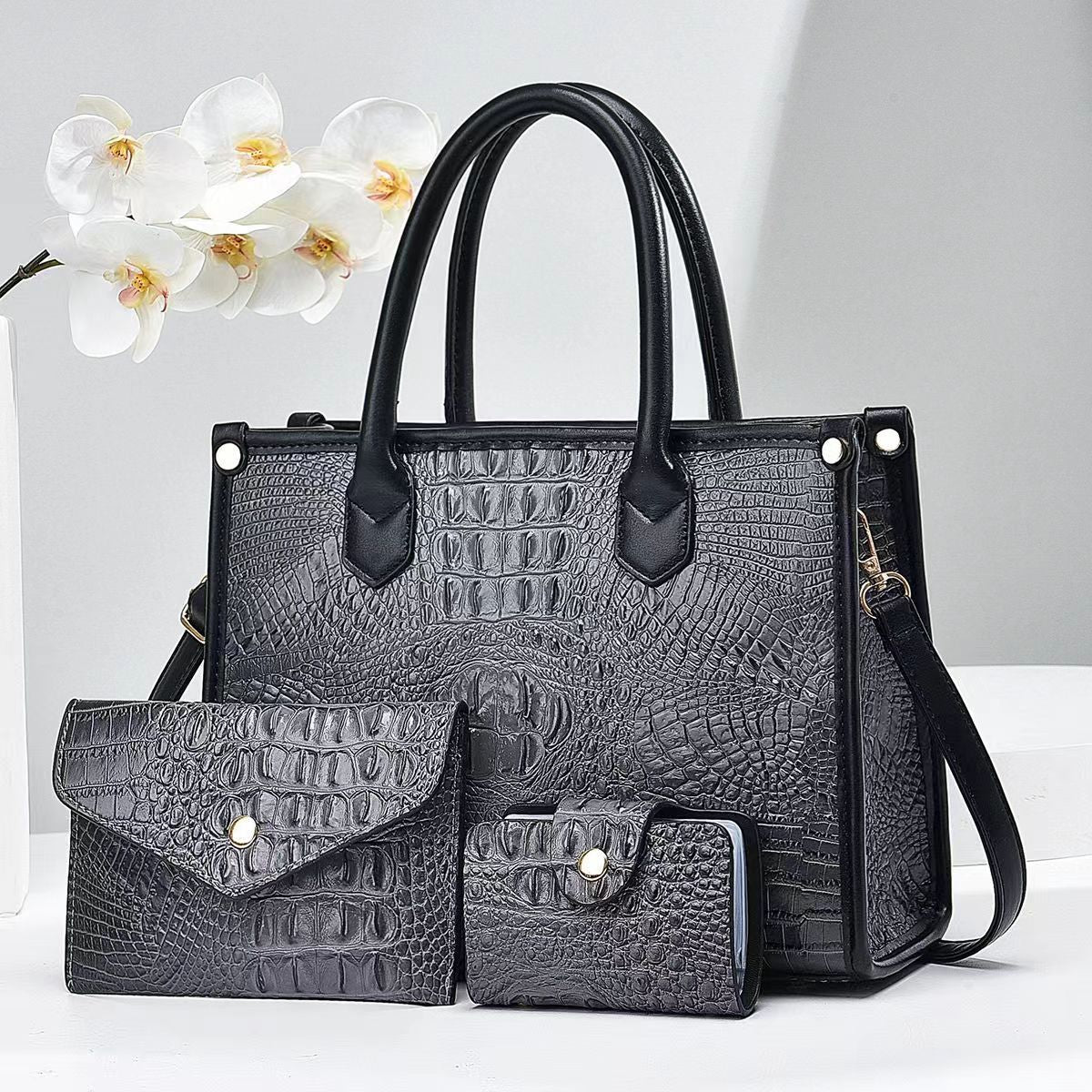 Women'S Vintage Crocodile-Embossed Large-Capacity Handbag Three-Piece Set