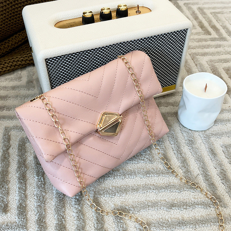 Women Fashion Basic Solid Color Pu Metal Lock Chain Crossbody Mini Square Bag