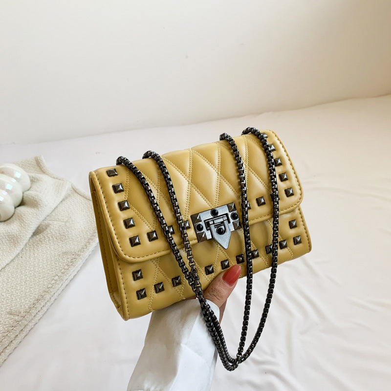 Women Simple And Fashionable Studded Flap Lock Square Chain Crossbody Bag