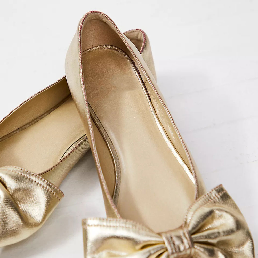 Gold Metallic Pointed Toe Bow Embellishment Flats for Women