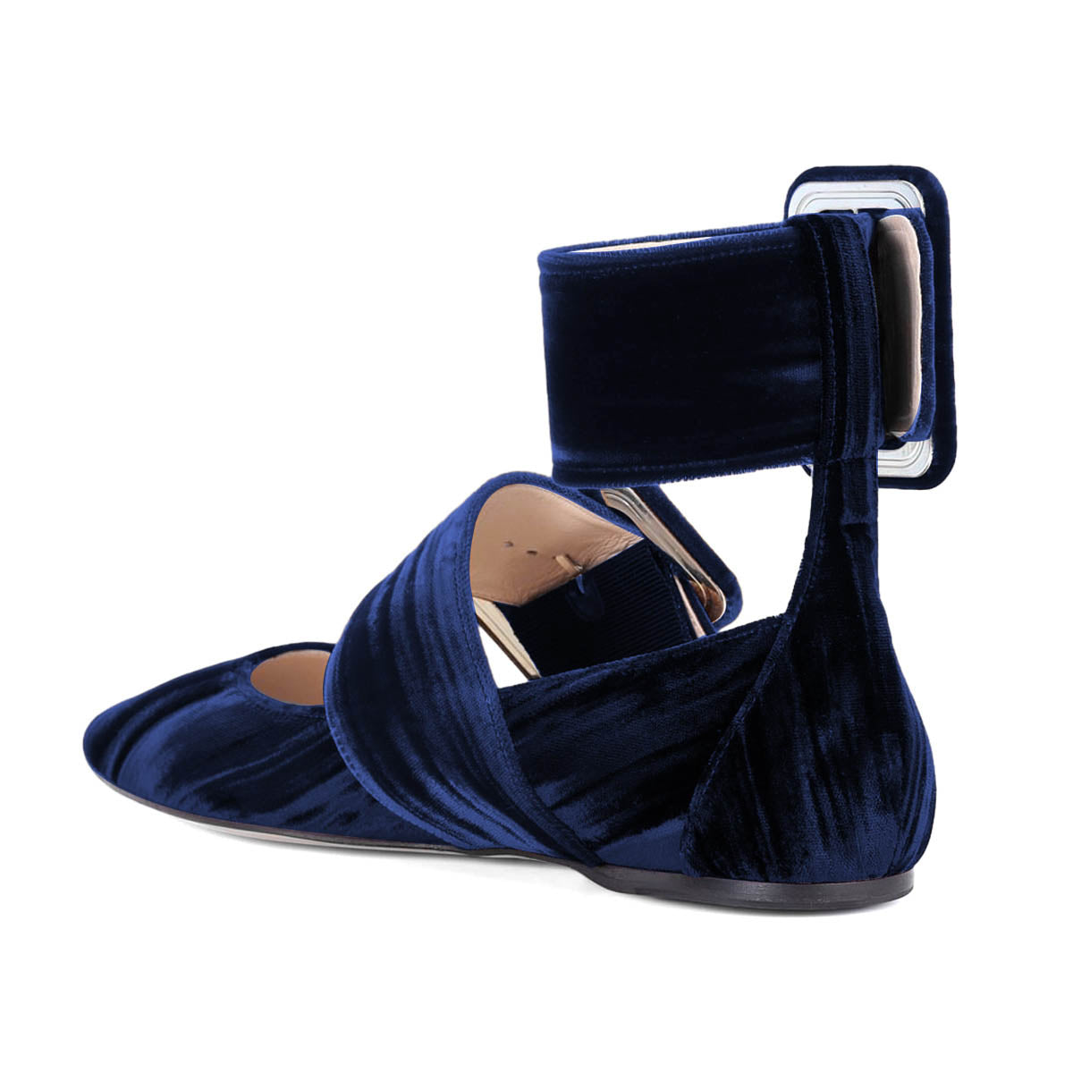 Velvet Ankle Strap Buckled Pointed Toe Mary Jane Flats in Blue
