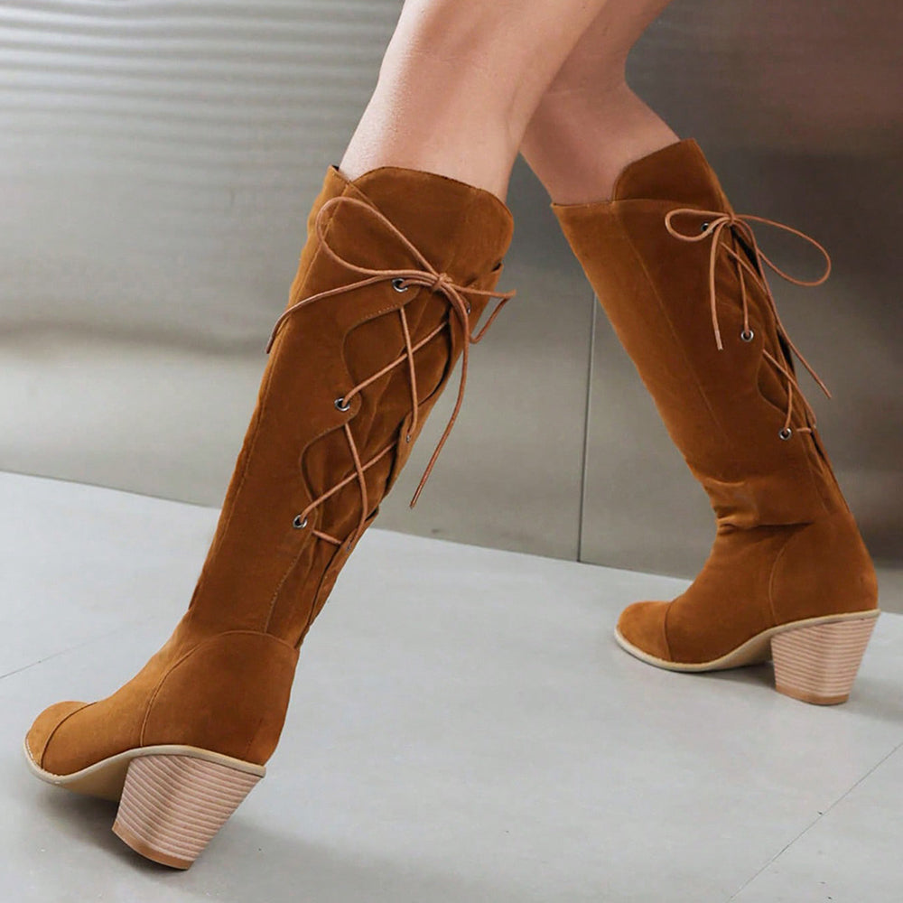 Brown Faux Suede Closed Toe Chunky Heel Lace Up Knee High Boots