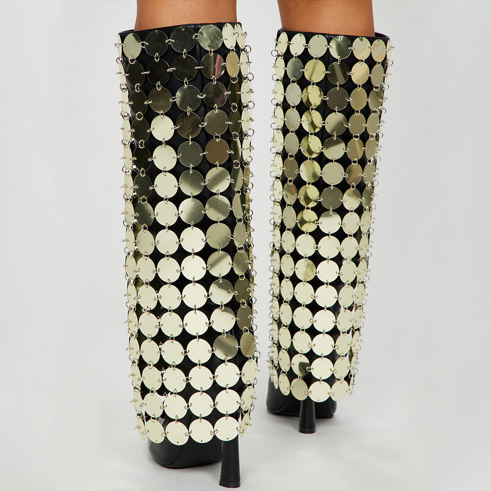 Black Pointed Toe Flared Heel Trendy Knee High Boots with Gold Sequins