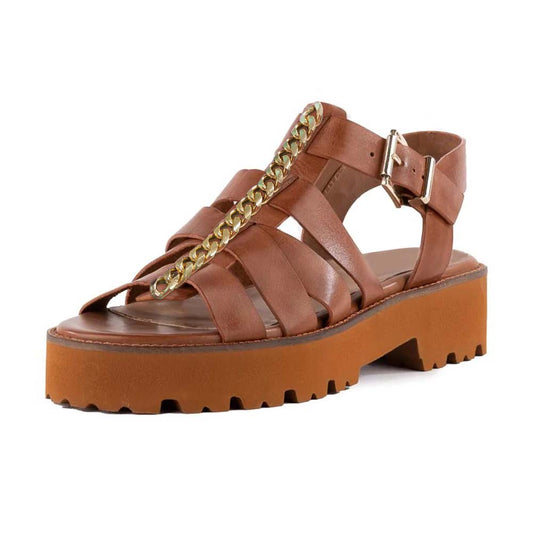 Brown Summer Sandals With Chain Decor Flats