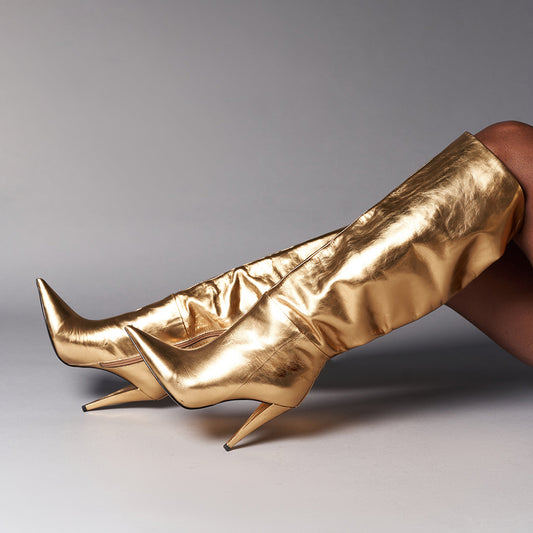 Gold Pointed Toe Boots Side Zip Knee High Boots