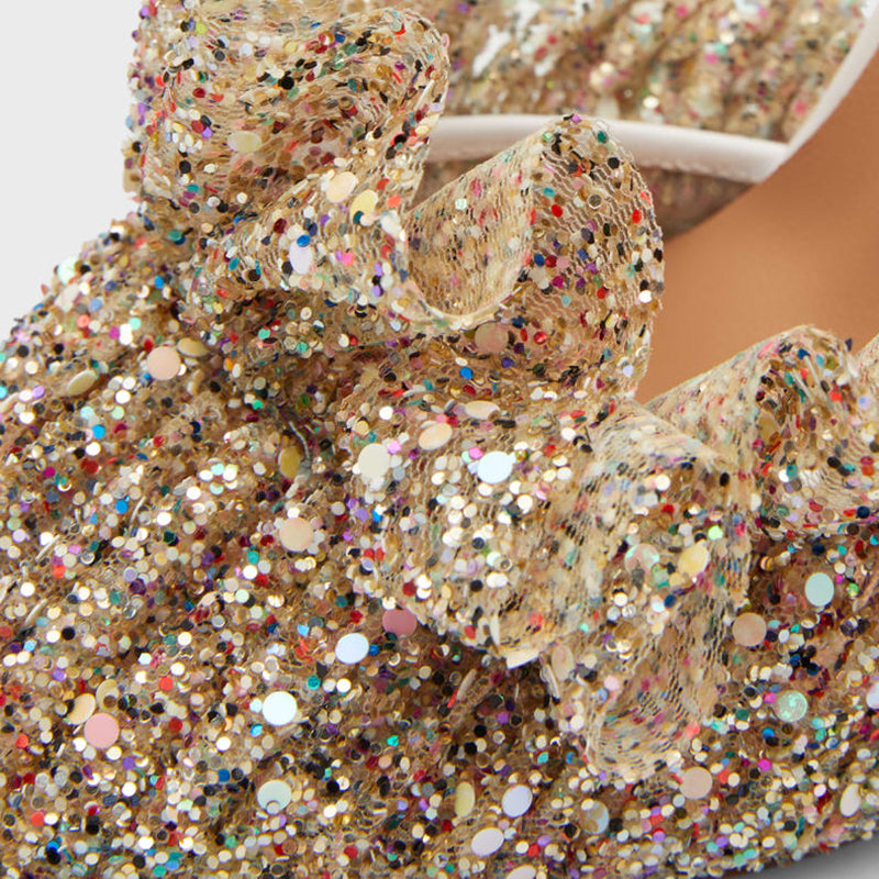 Women's Sparkly Bridal Shoes Champagne Mesh Ruffle Ankle Strap Pumps