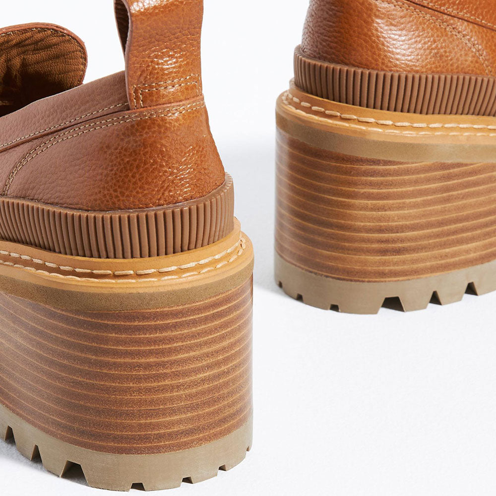 FSJ Brown Round Toe Chunky Heel Platform Loafers for Women