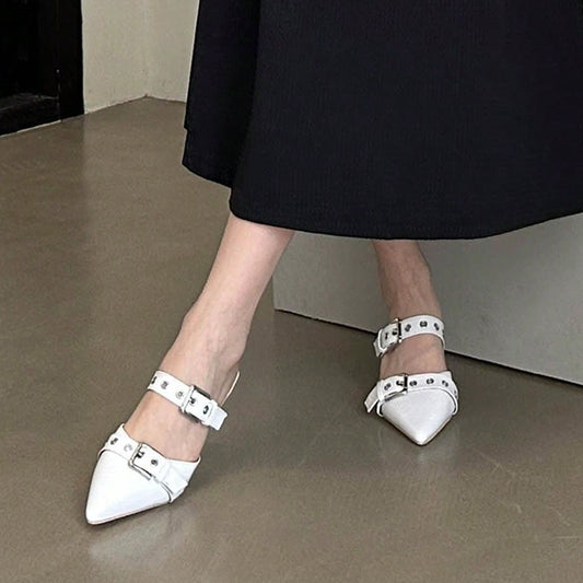 White Pointed Toe Kitten Heel Studded Mules