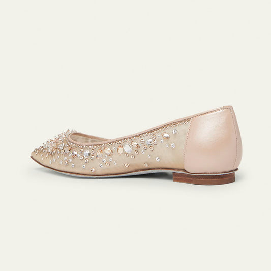 Champagne Mesh Pointed Toe Rhinestone Decor Bride Flats