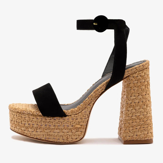 Black & Beige Ankle Strap Open Toe Woven Platform Block Heel Sandals