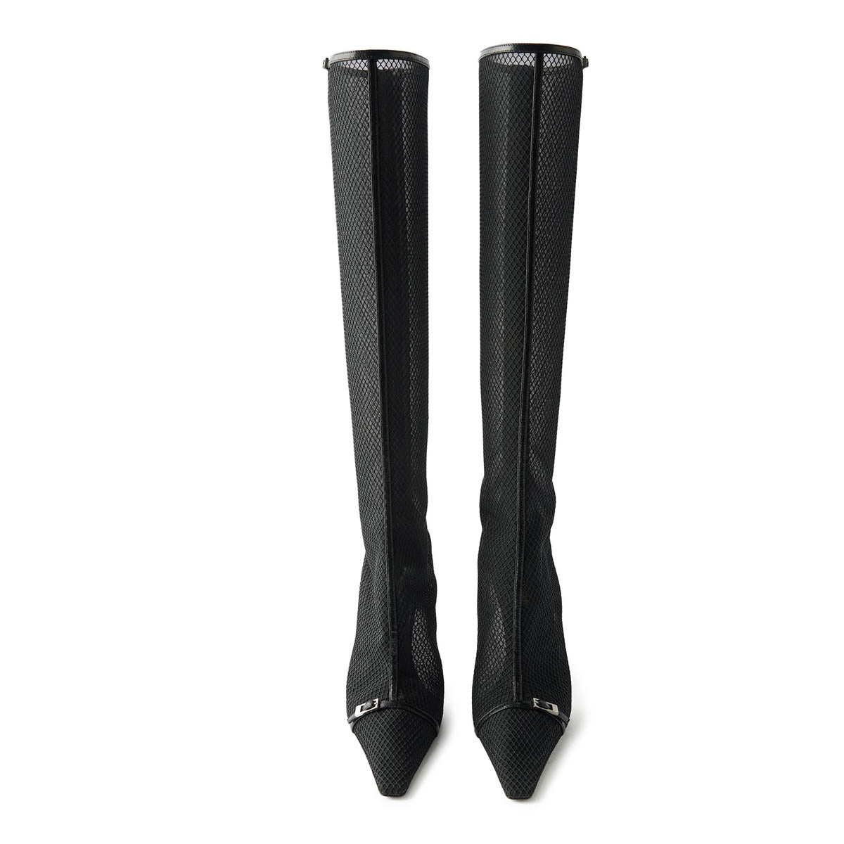 Black Mesh Buckle Strap Pointed Toe Stiletto Heel Zip Knee High Boots