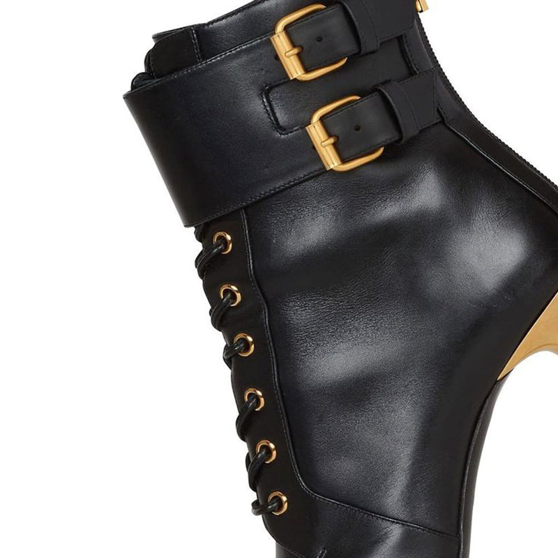 Black Lace Up Ankle Boots Pointed Toe Stiletto Heel Buckle Shoes