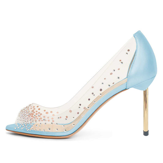 Women's Clear Heels Rhinestone Peep Toe Pumps Shoes in Blue
