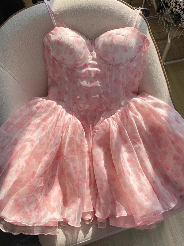 Fashion Pink Sweetheart Floral Spaghetti Strap Design A-line Chiffon Party Dress Homecoming Dress TP3825