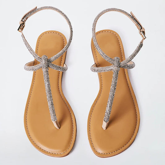 Women's Tan Open Toe Rhinestone Ankle Strap Flats Beach Sandals