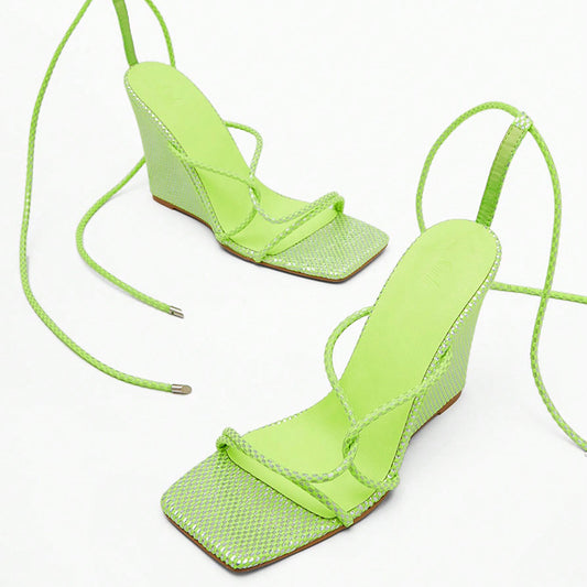 Green Square Toe Wrapped Shoes Office Heels Wedge Sandals for Women
