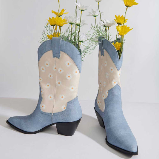 Blue & Nude Denim Pointed Toe Daisy Mid Calf Boots with Chunky Heels