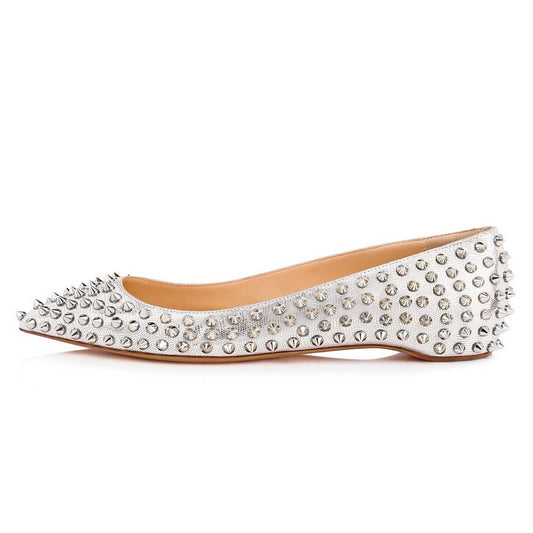 Metallic Silver Lizard Embossed Women's Pointed Toe Flats with Rivets