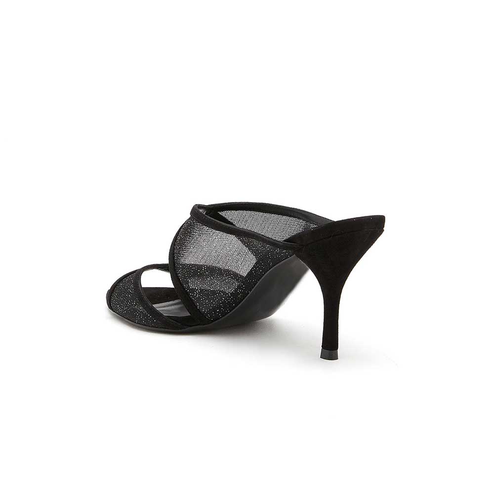 Black Mesh Evening Shoes Open Toe Stiletto Heel Mules for Women