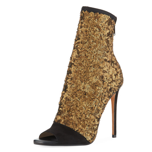 Black & Gold Peep Toe Booties Sequin Stiletto Heel Zipper Ankle Boots