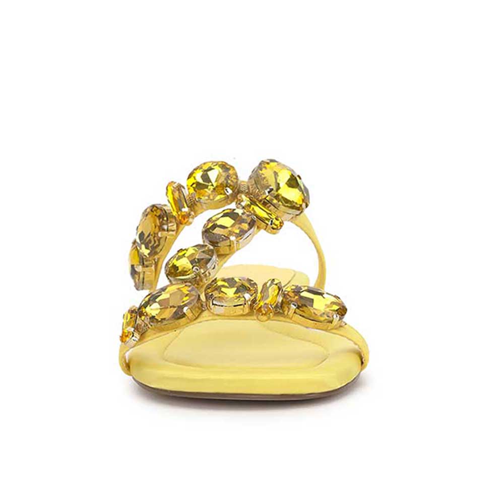Yellow Vegan Leather Round Toe Flat Rhinestone Strappy Slippers
