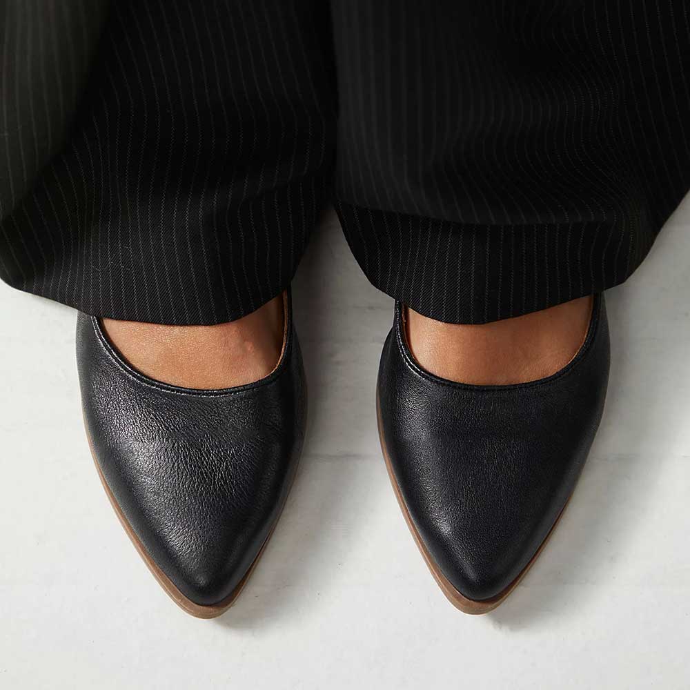 Black Vegan Leather Pointed Toe Button Strap Mary Jane Flats