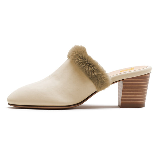 Beige Vegan Suede Closed-Toe Block Heel Faux Fur Trim Mules Shoes