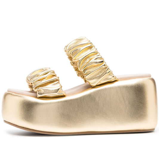 Metallic Gold Platform Mules Ruched Strap Wedge Slide Sandals