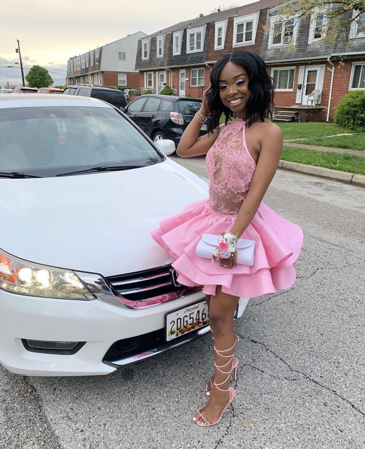 PM283,Halter Pink Homecoming Dresses,See Through Top Dress