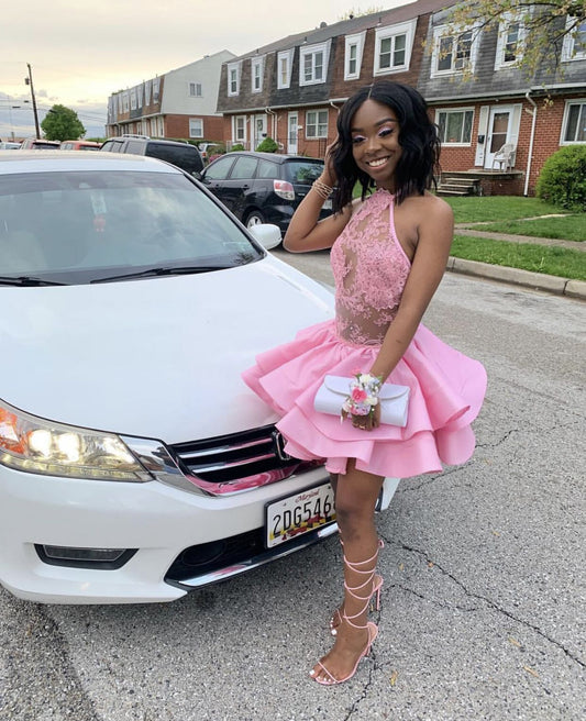 PM283,Halter Pink Homecoming Dresses,See Through Top Dress