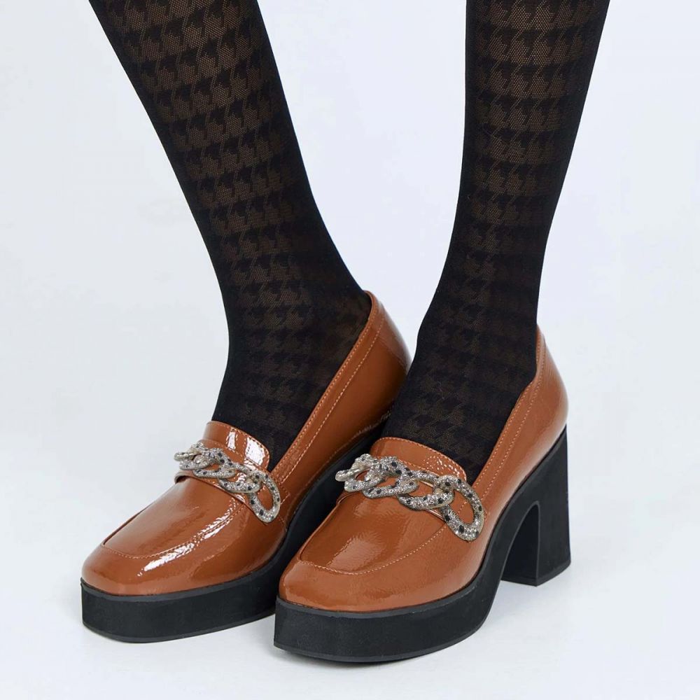 Women's Brown Square Toe Rhinestone Chain Accent Chunky Loafers