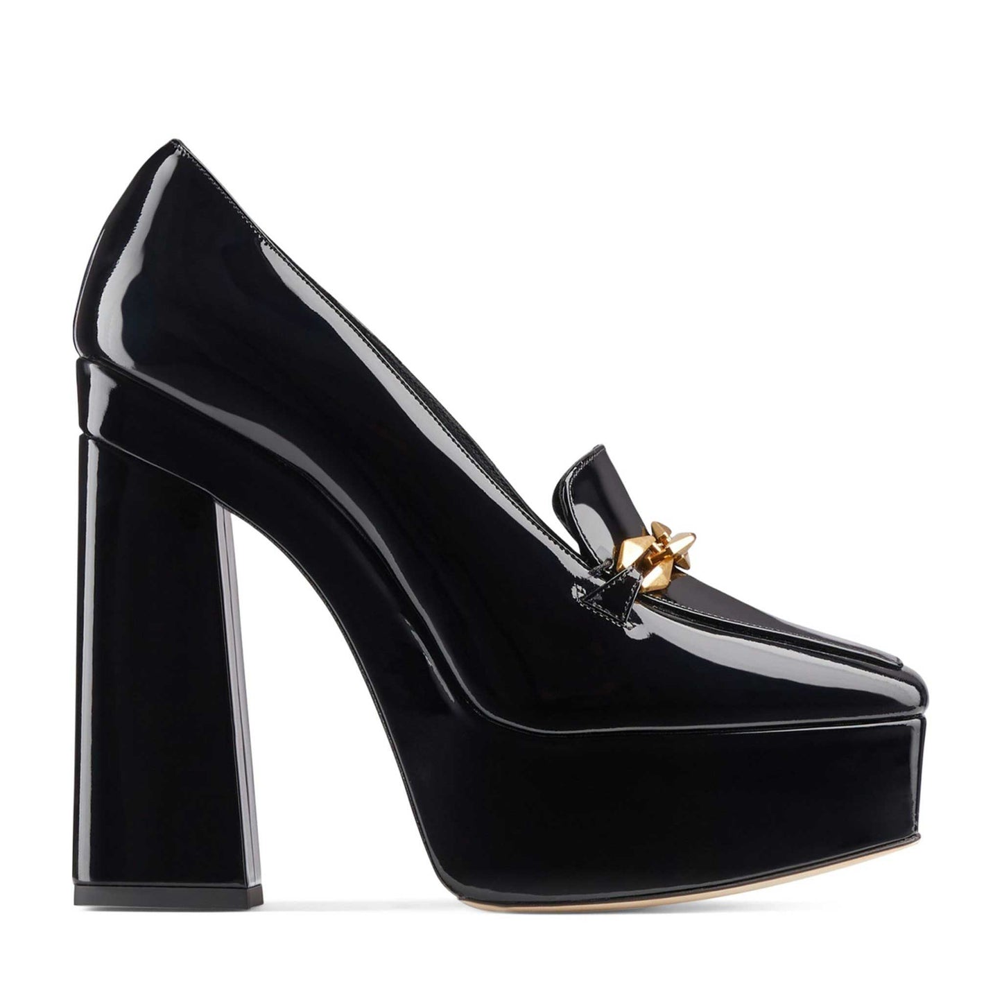 Black Patent Leather Square Toe Buckled Chunky Heels Platform Loafers