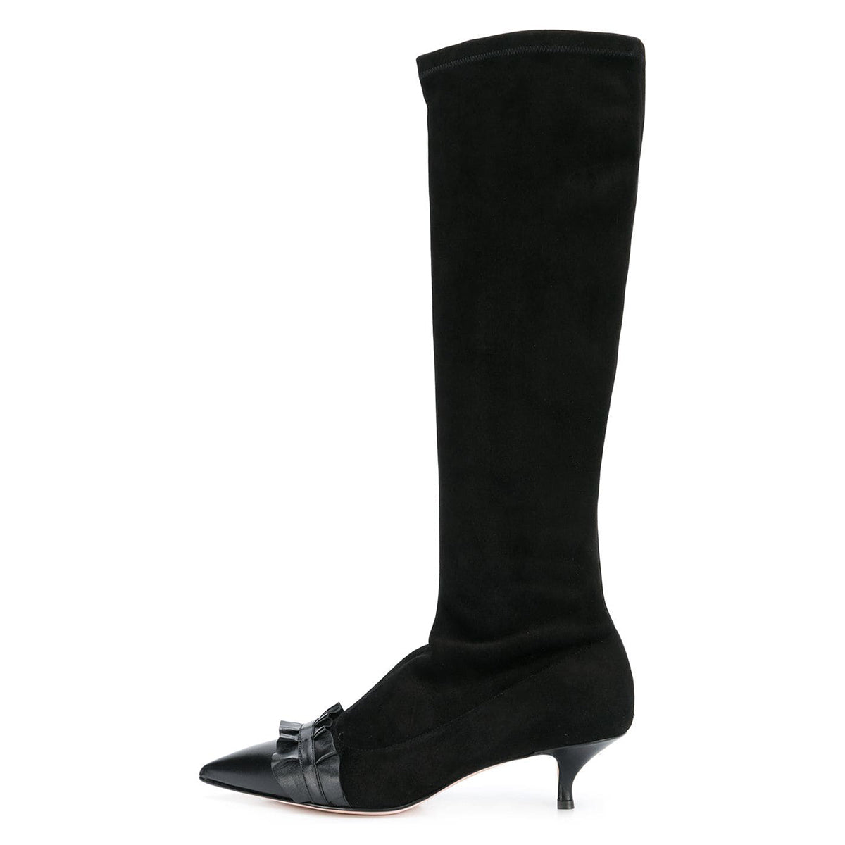 Women's Ruffled Pointed Toe Slip On Kitten Heel Boots in Black