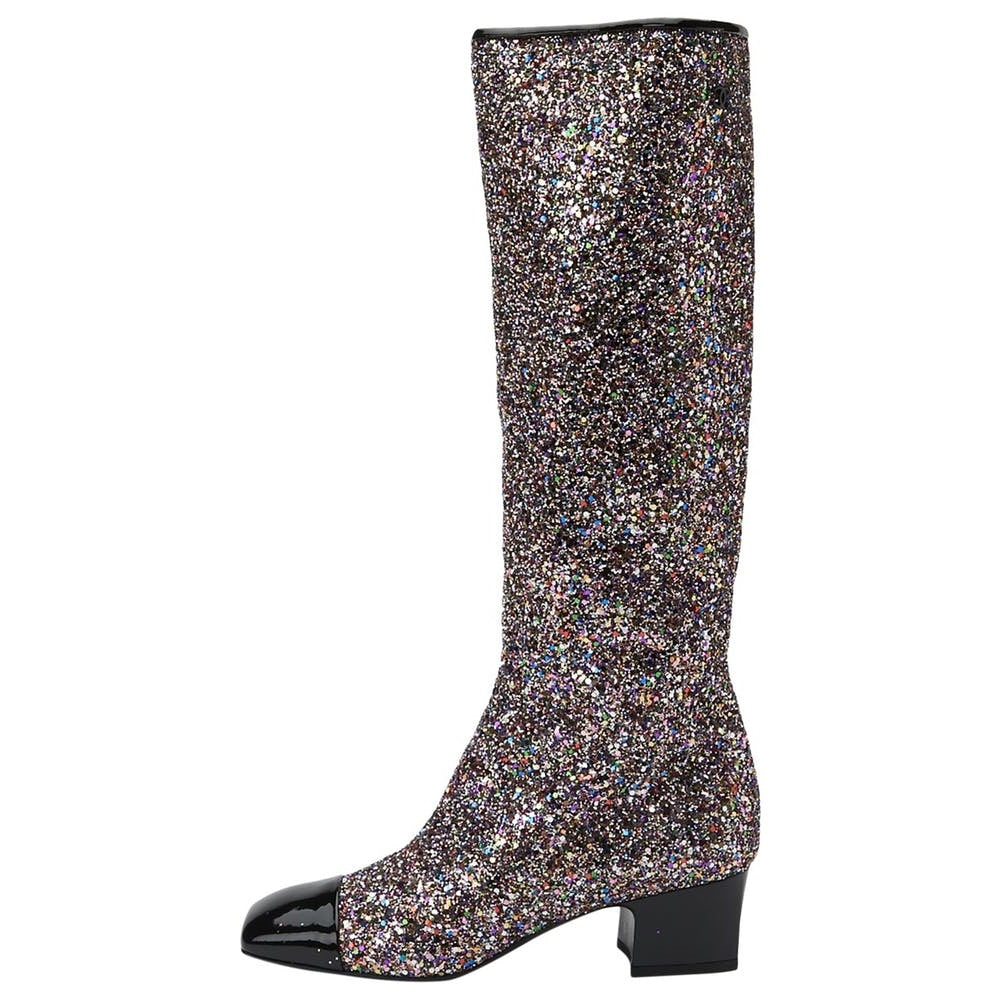 Black Glitter Square Toe Chunky Heel Knee High Boots